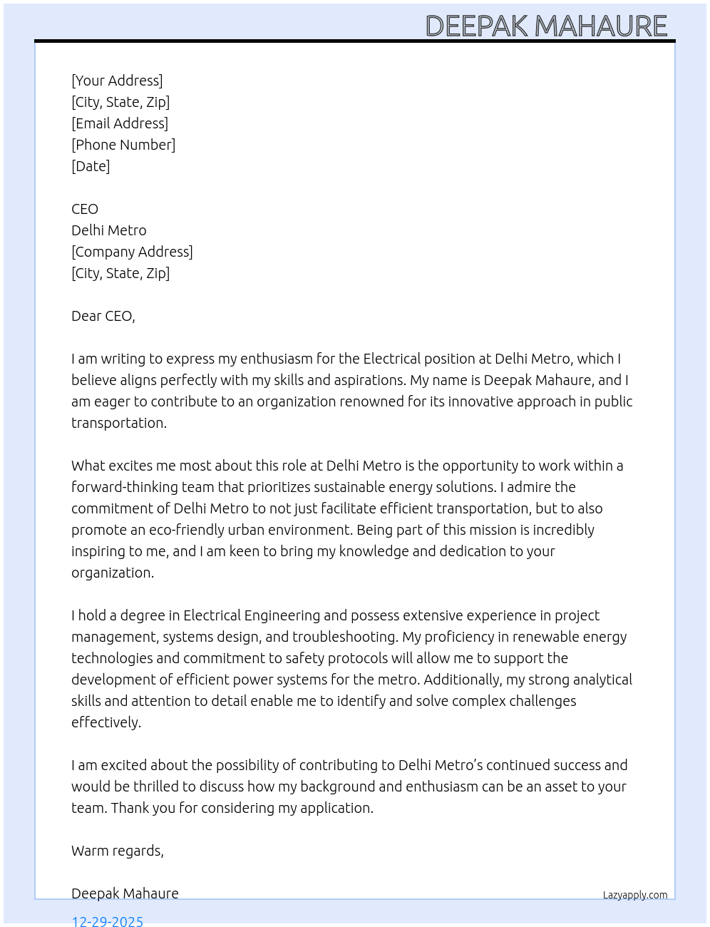 Electrical At Delhi metro  Cover Letter