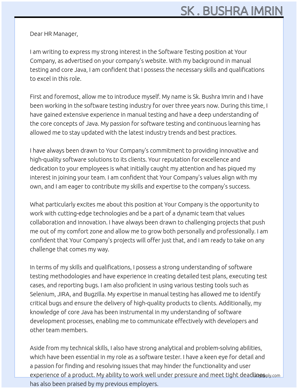 Software Testing  At Your Company  Cover Letter