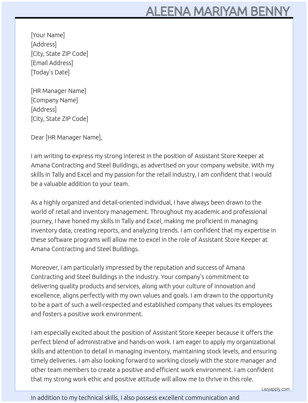 Assistant store keeper  At Amana Contracting and Steel Buildings Cover Letter