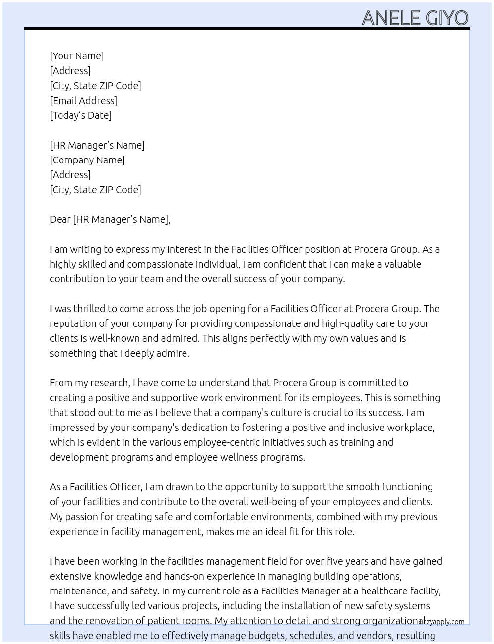 Facilities officer At Procera Group Cover Letter