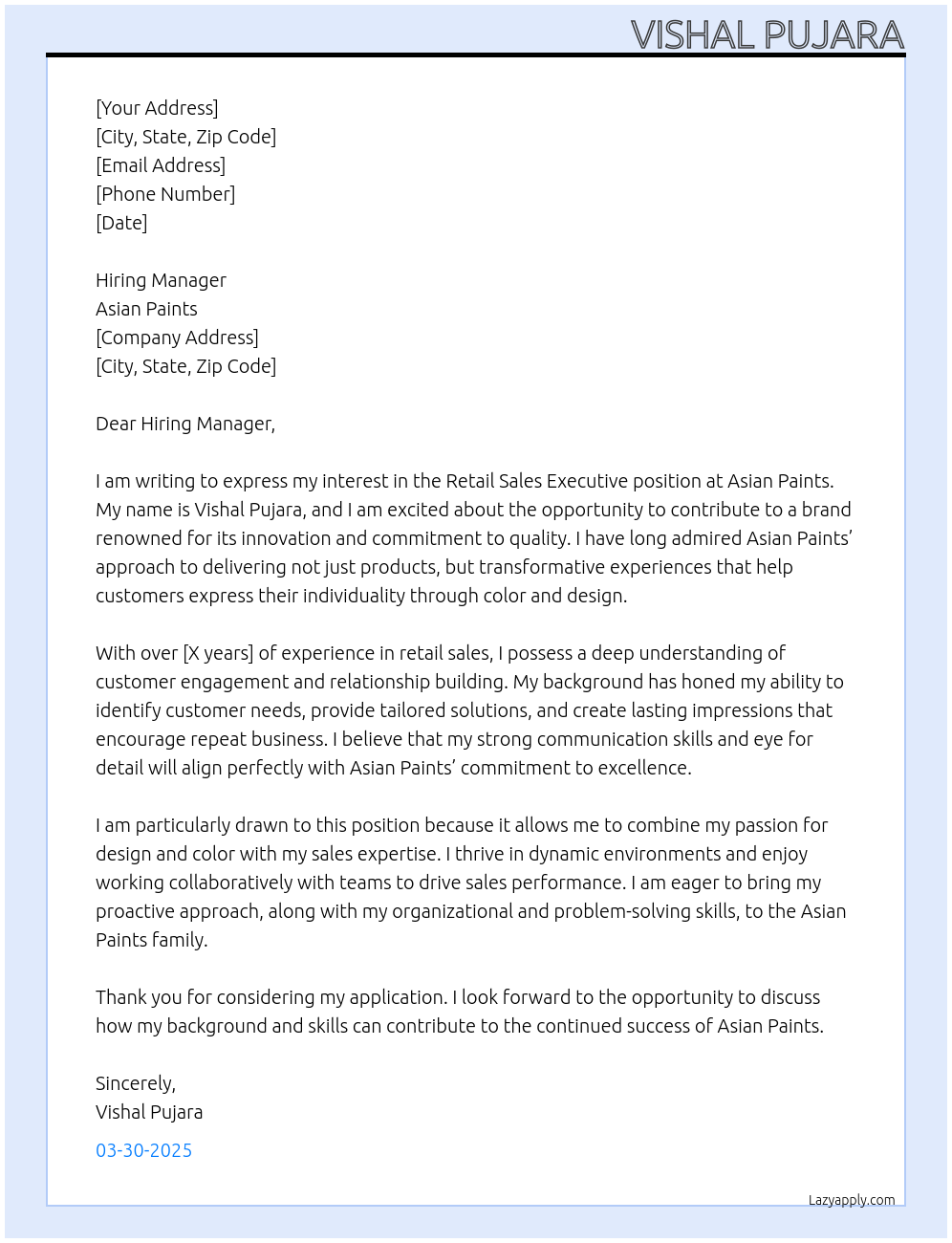 Retail sales executive  At Asian paints Cover Letter