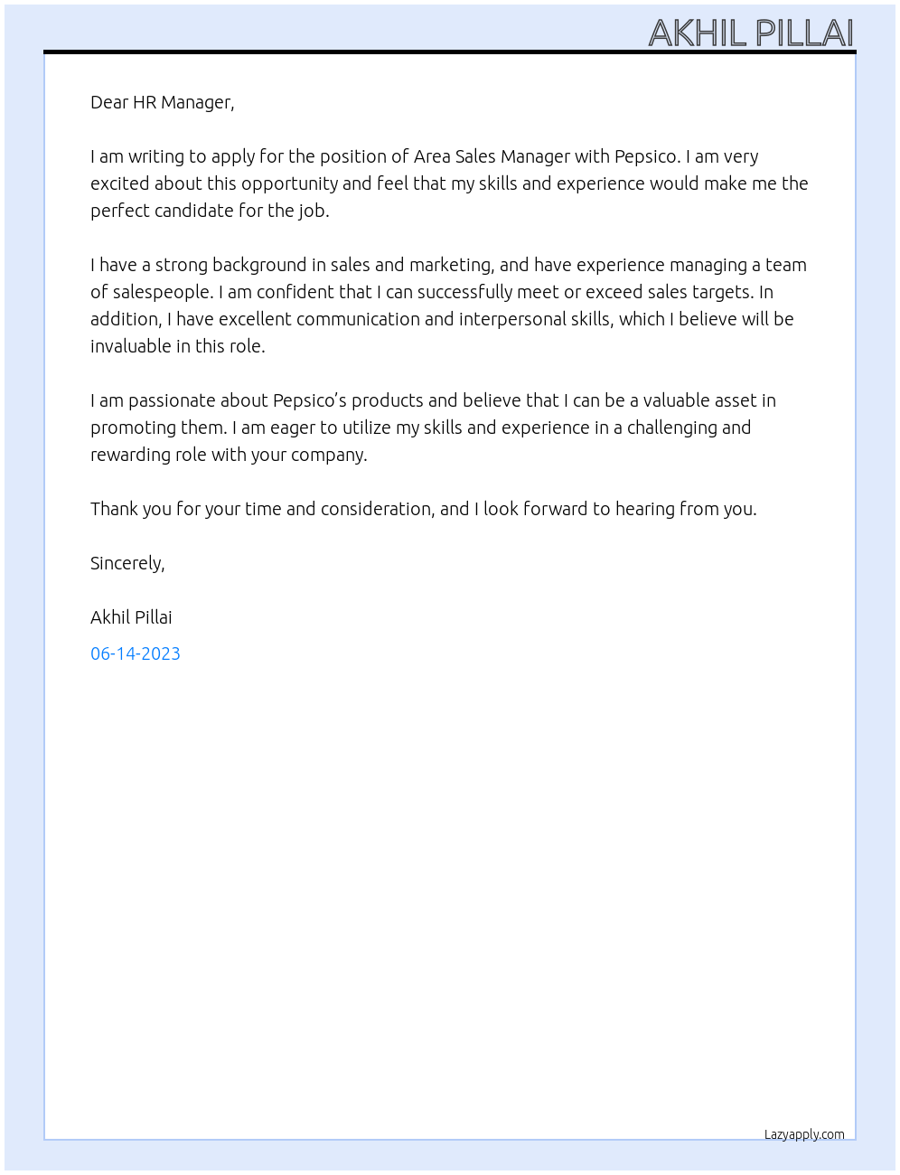 Area Sales Manager At Pepsico Cover Letter