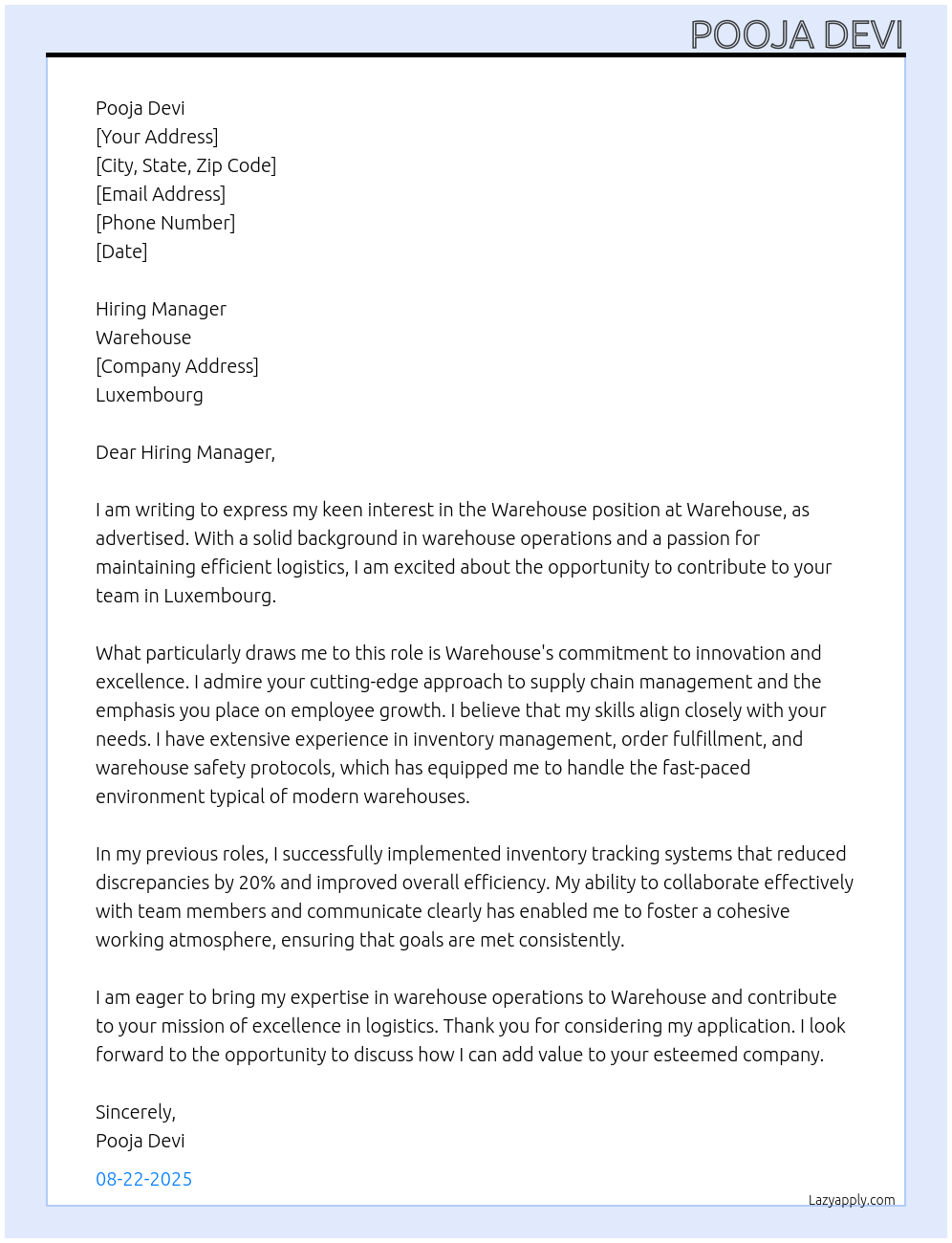 Warehouse At Warehouse Cover Letter