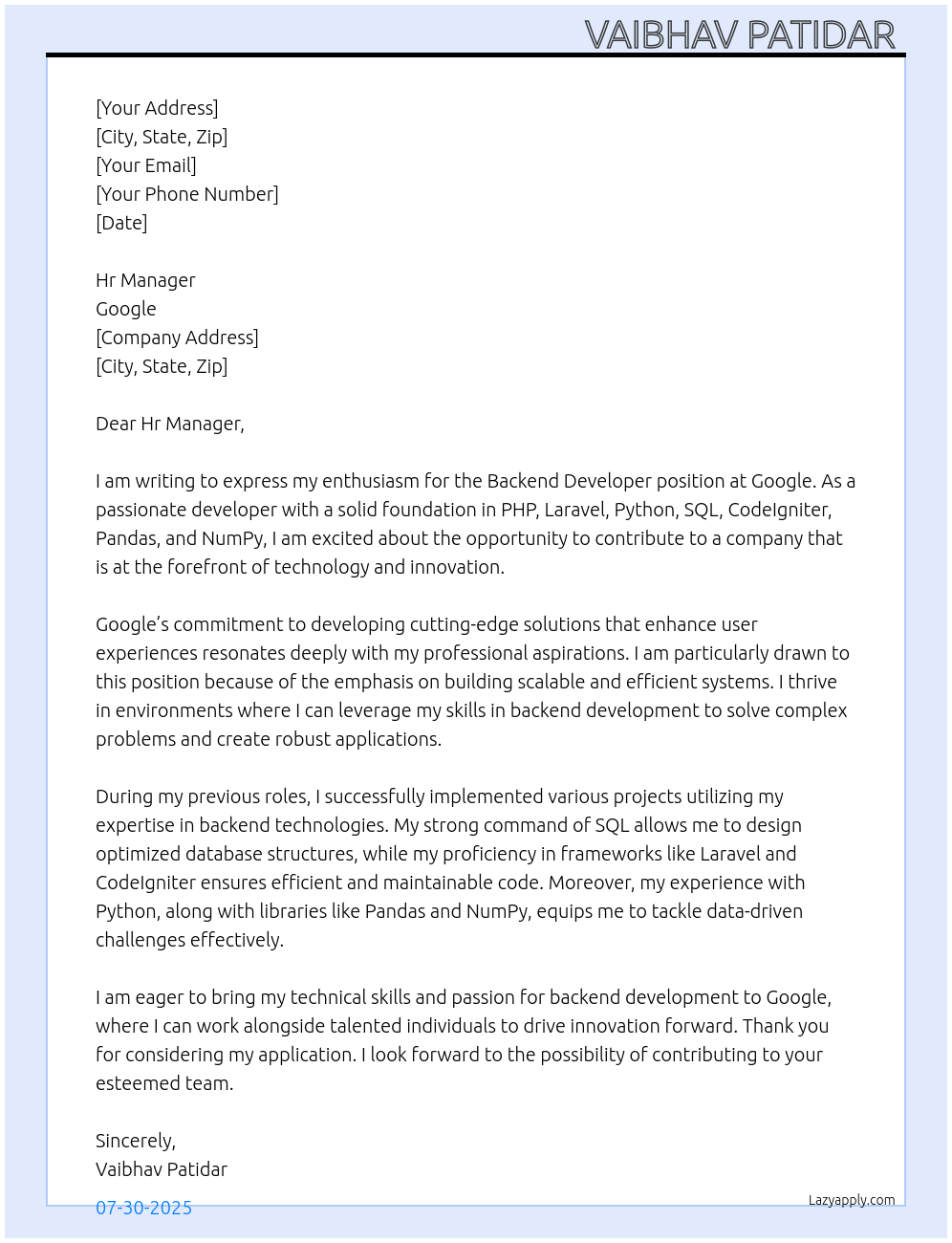 Cover letter for backend developer - LazyApply