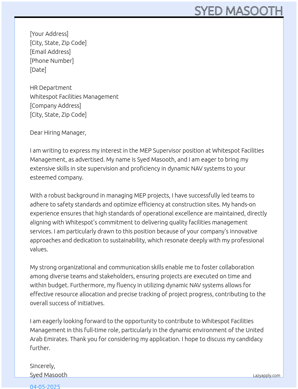 MEP Supervisor At Whitespot Facilities Management Cover Letter