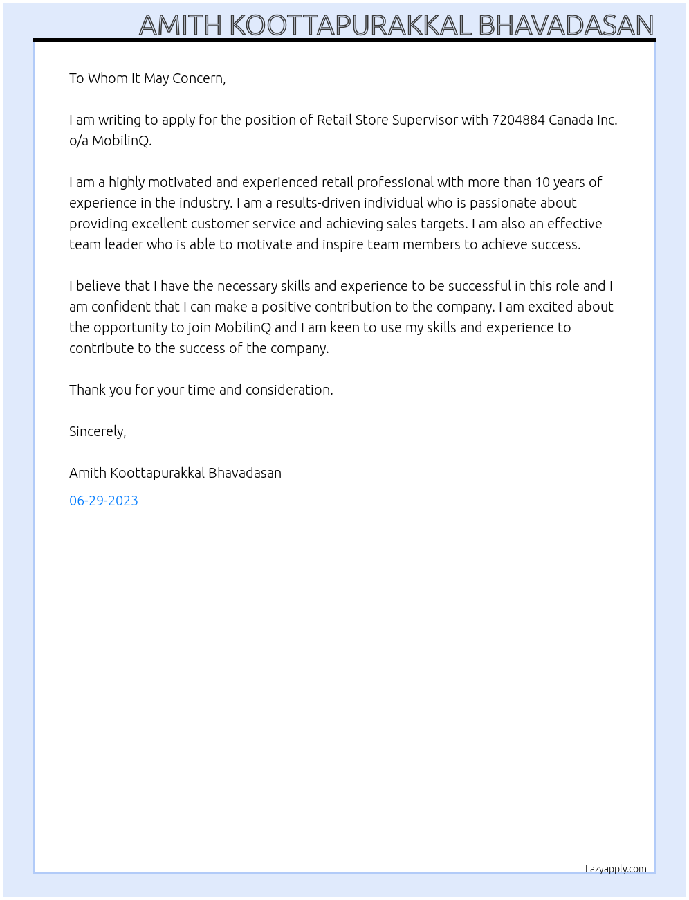 Retail Store Supervisor At 7204884 Canada Inc. o/a MobilinQ Cover Letter