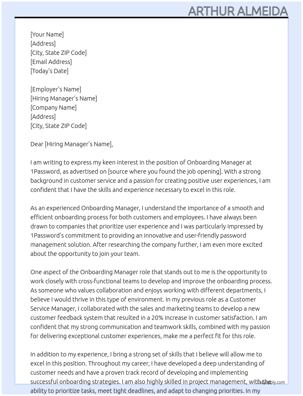 onboarding manager At 1password Cover Letter
