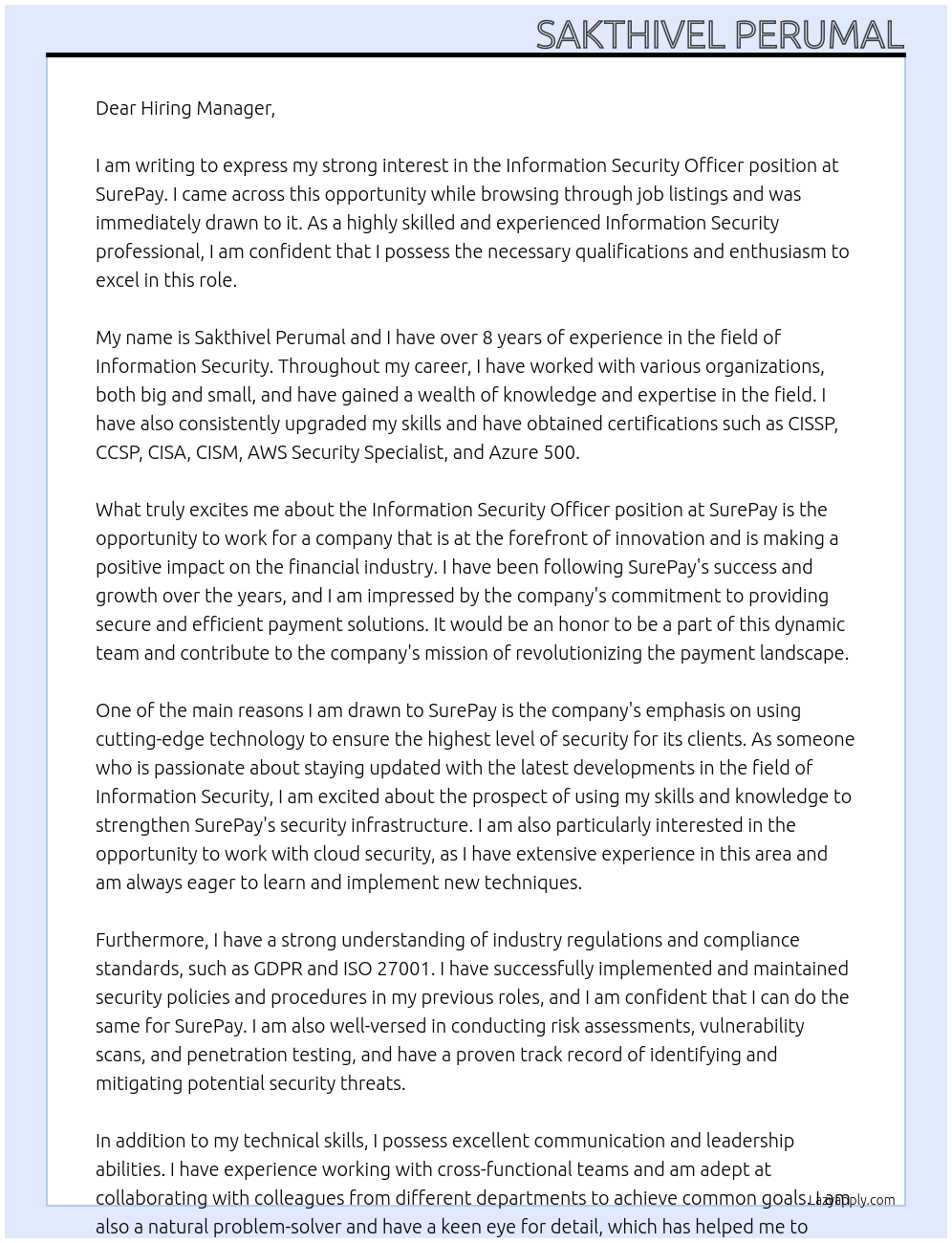 Information Security Officer At SurePay Cover Letter