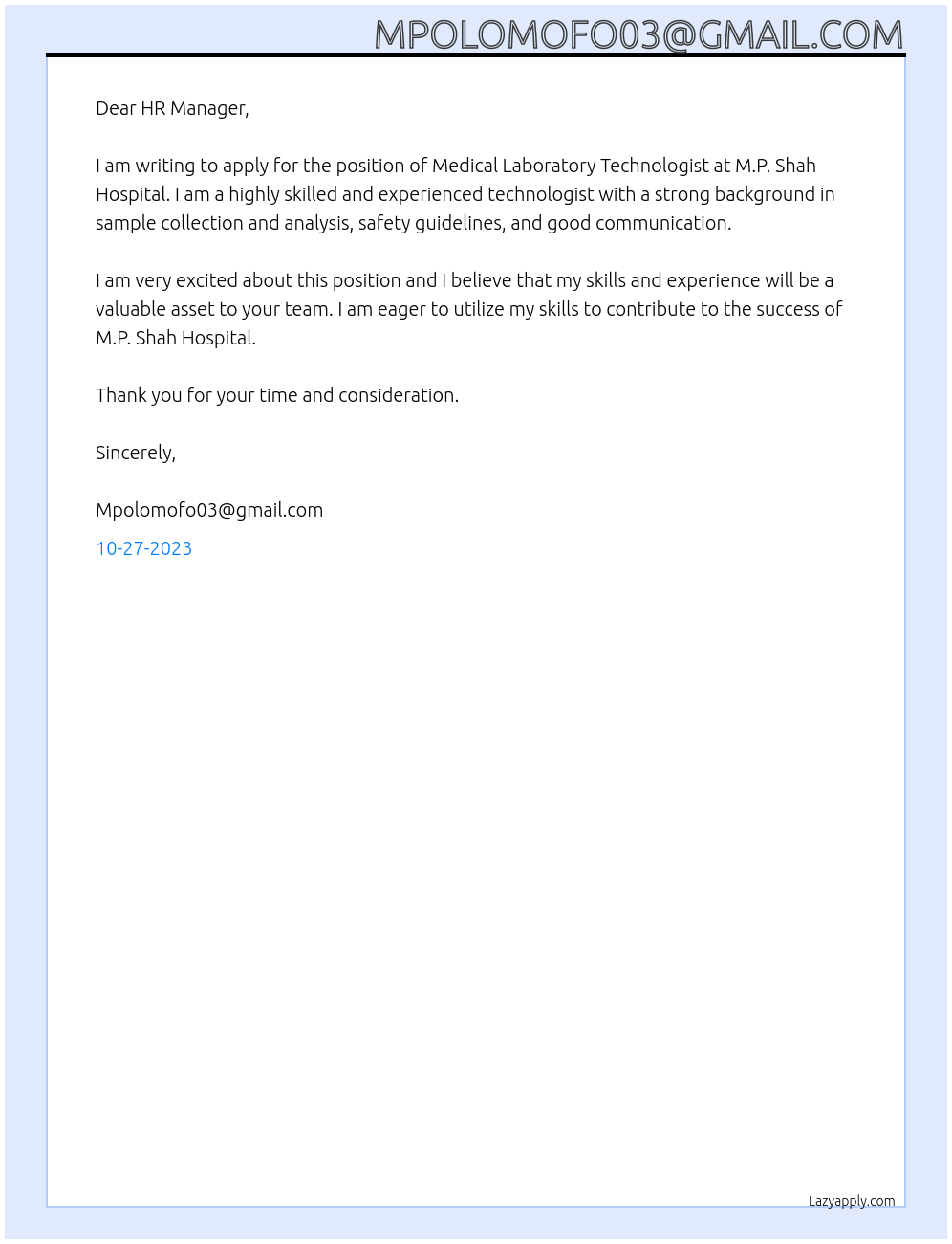 Medical Laboratory technologist At M.P. Shah Hospital Cover Letter