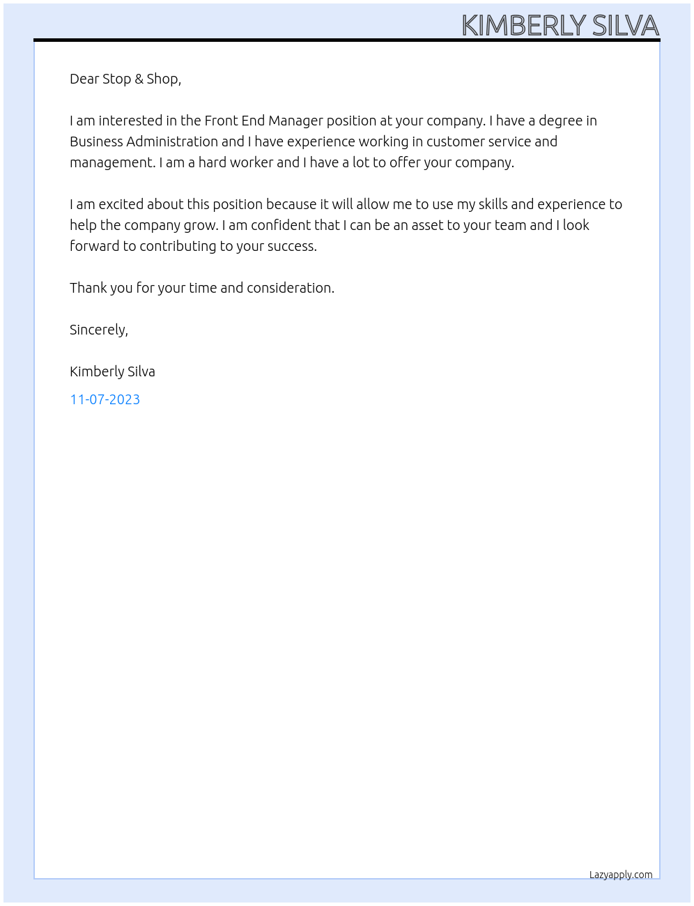 Front End  At Stop & Shop  Cover Letter