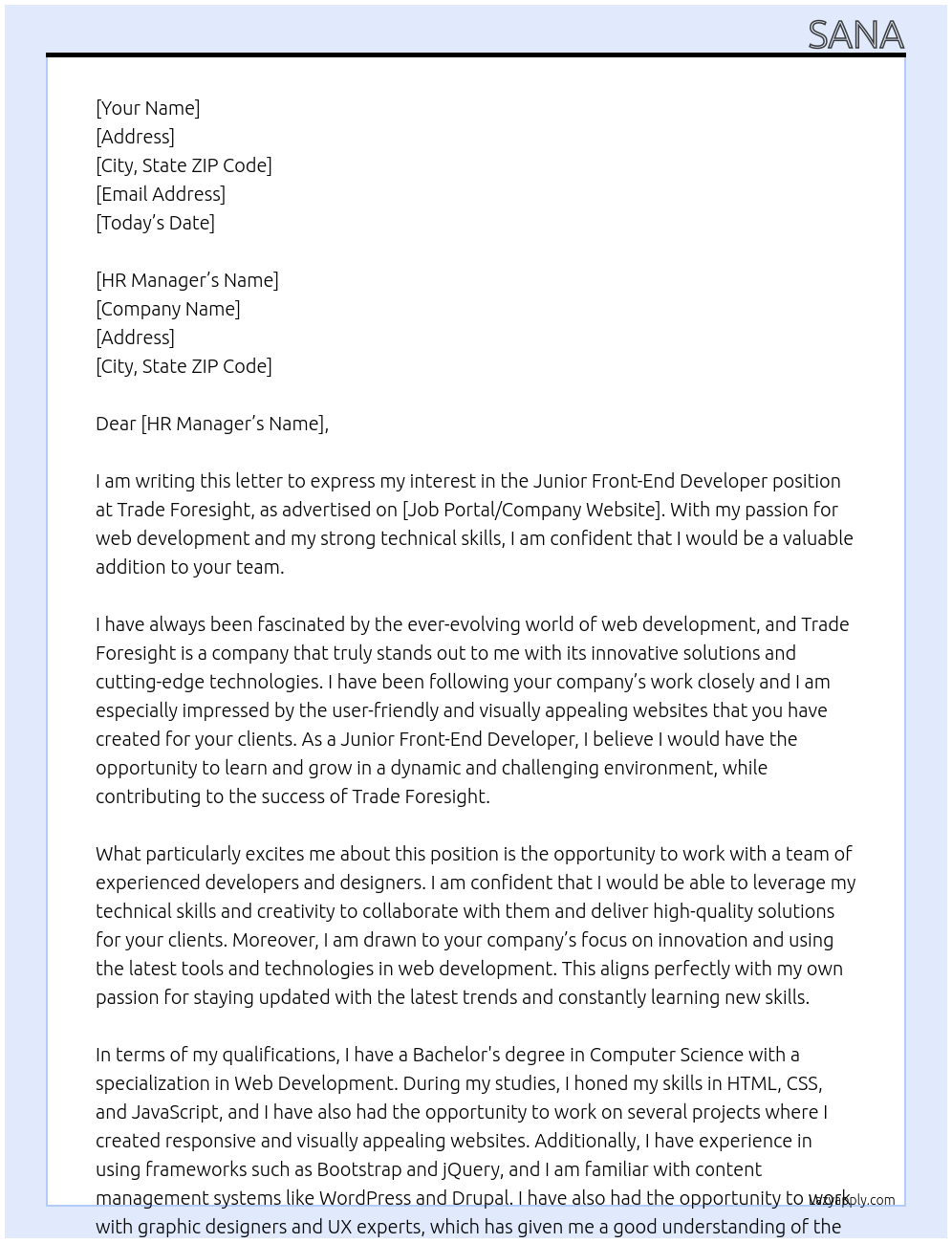 Junior Front-End Developer At Trade Foresight Cover Letter