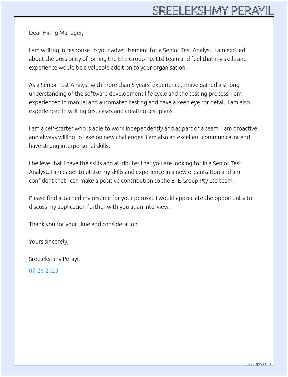 Senior Test Analyst At ETE Group Pty Ltd Cover Letter