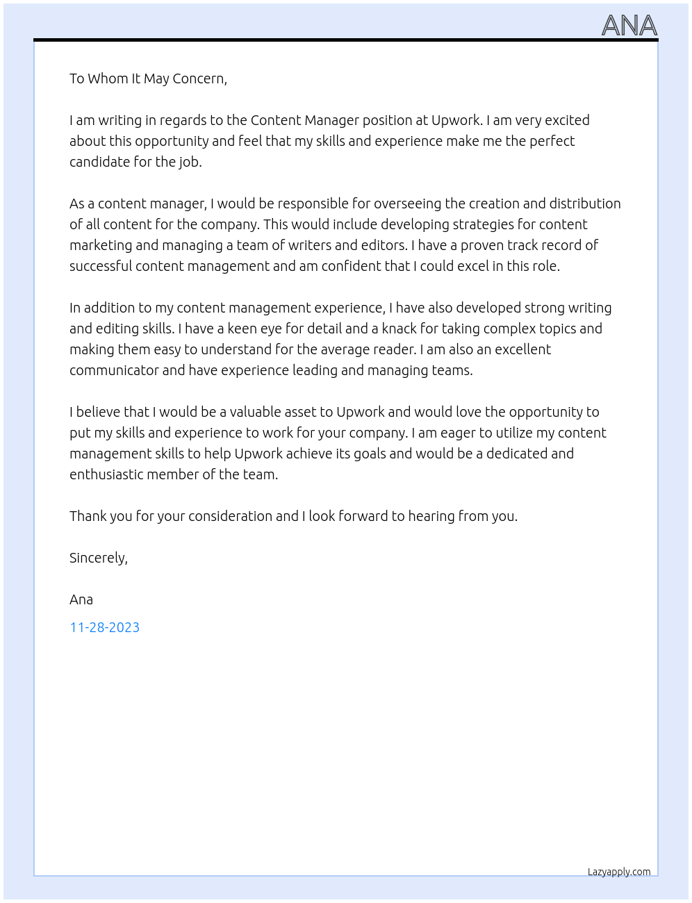 Content manager At Upwork Cover Letter