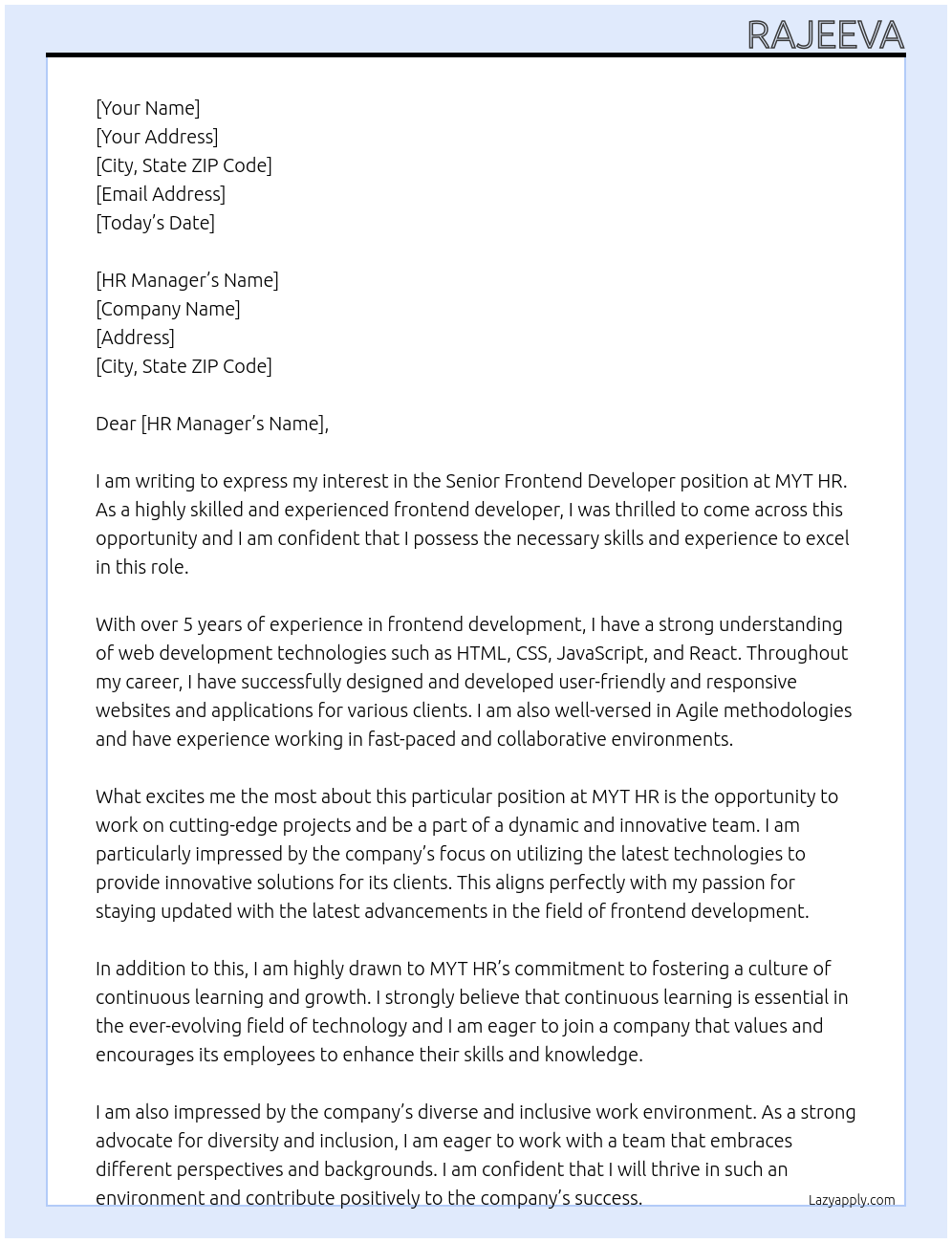 Senior Frontend Developer At MYT HR Cover Letter