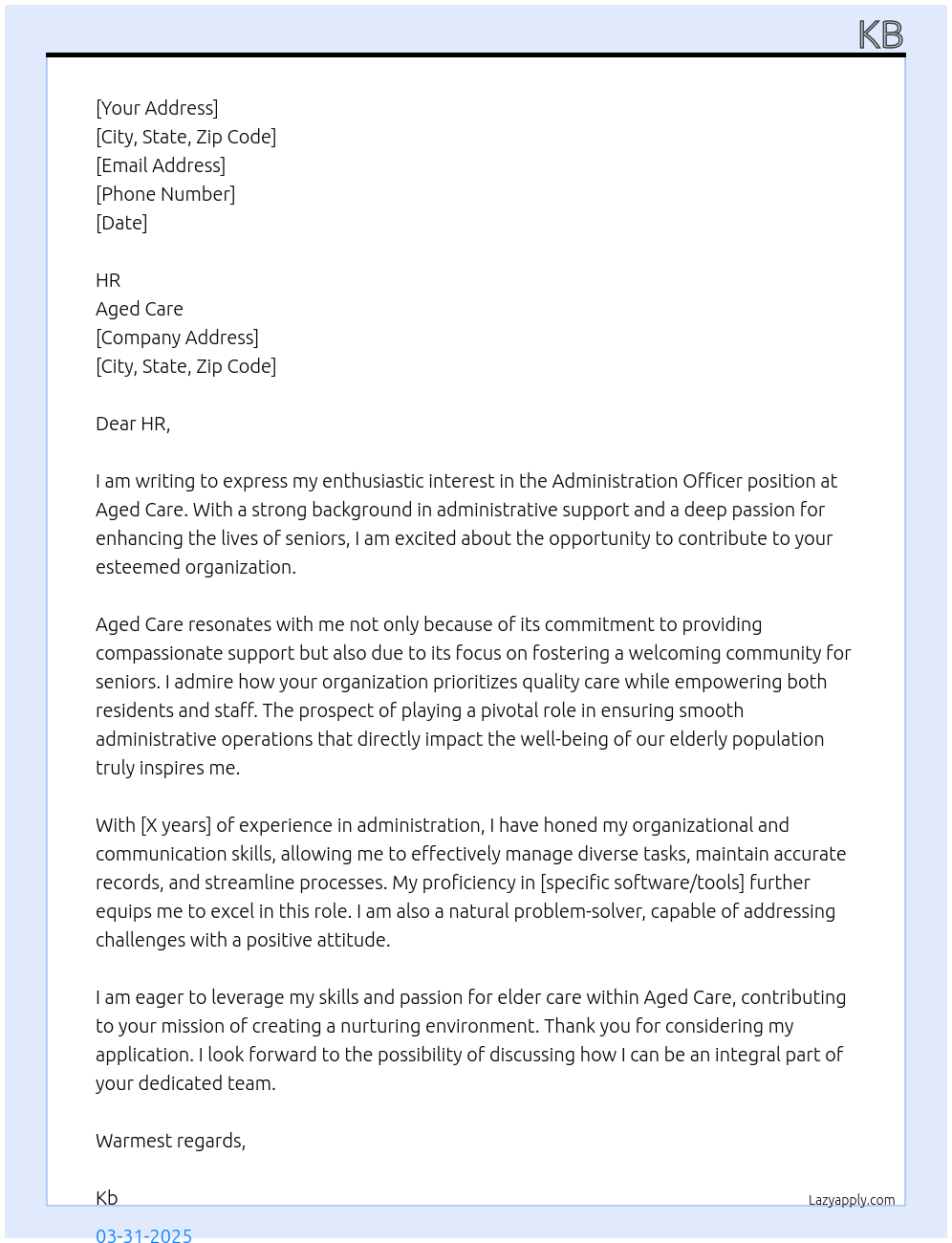 Administration officer At aged care Cover Letter