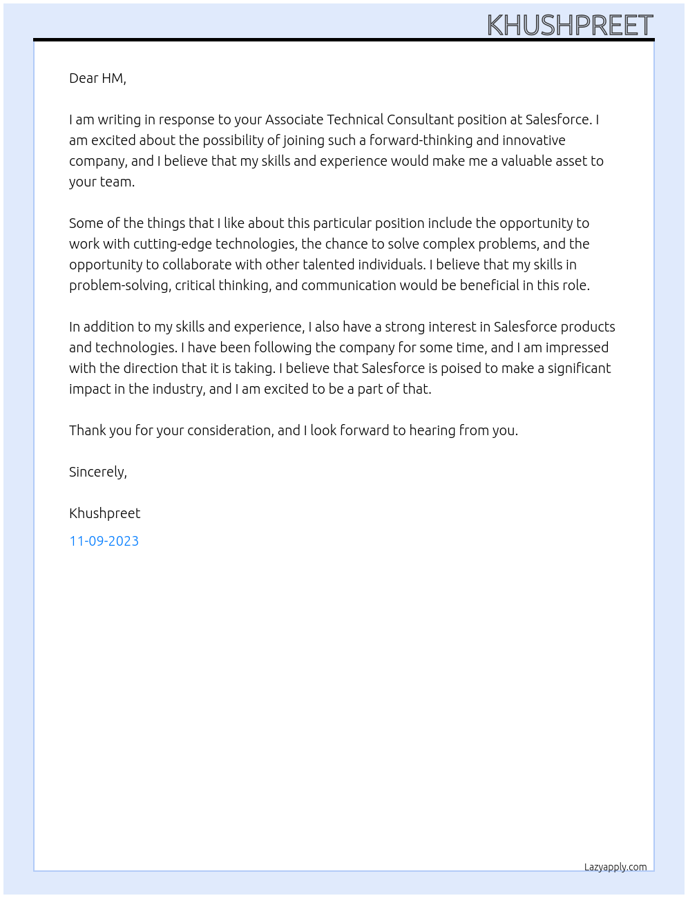 Associate Technical Consultant At Salesforce Cover Letter