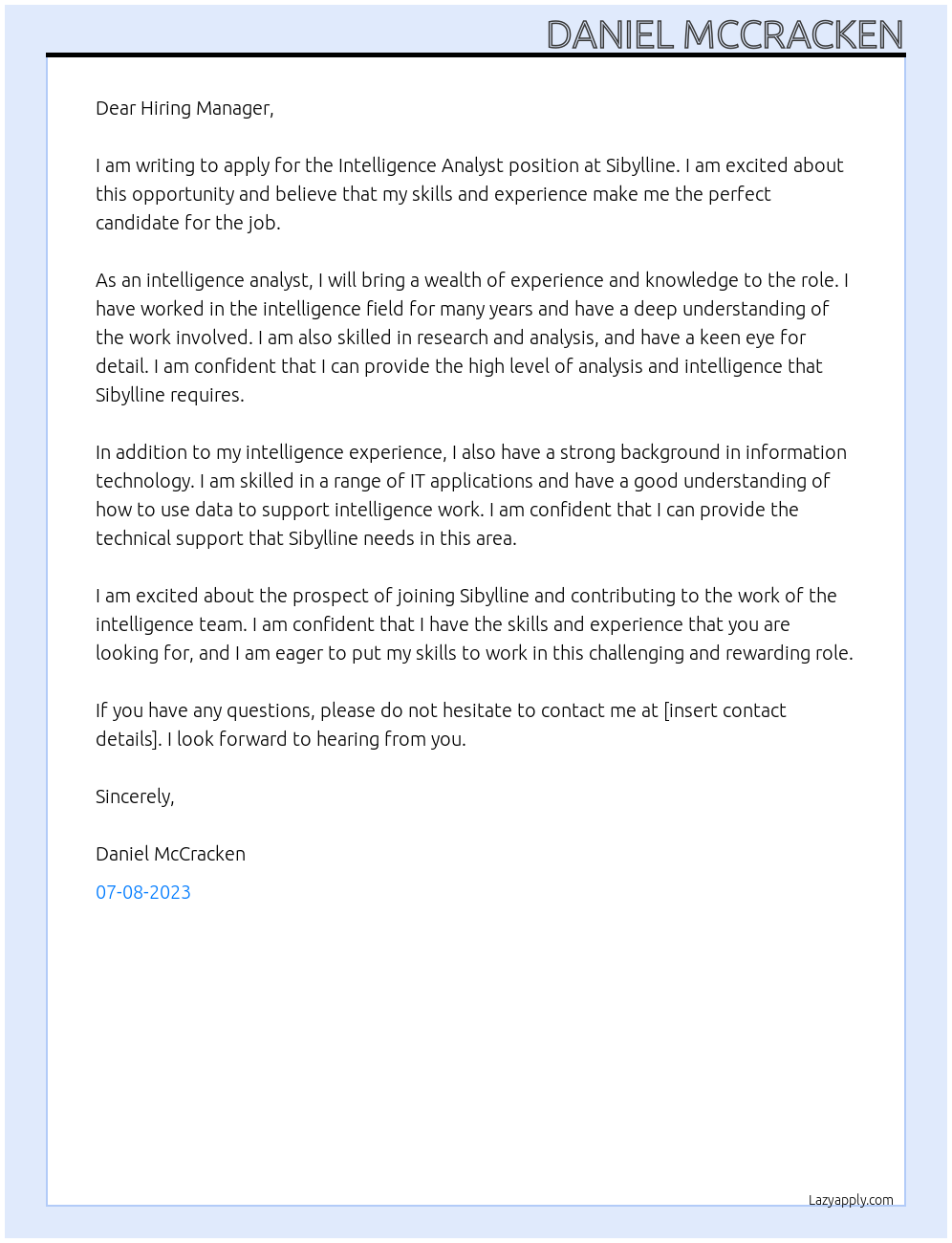 Intelligence Analyst  At Sibylline Cover Letter