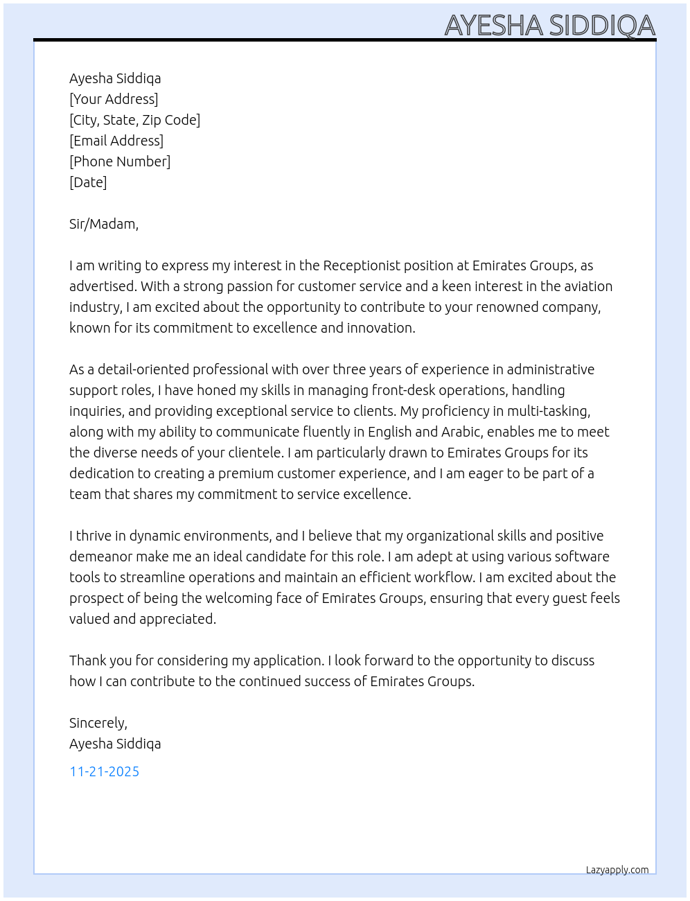 Cover letter for receptionist - LazyApply