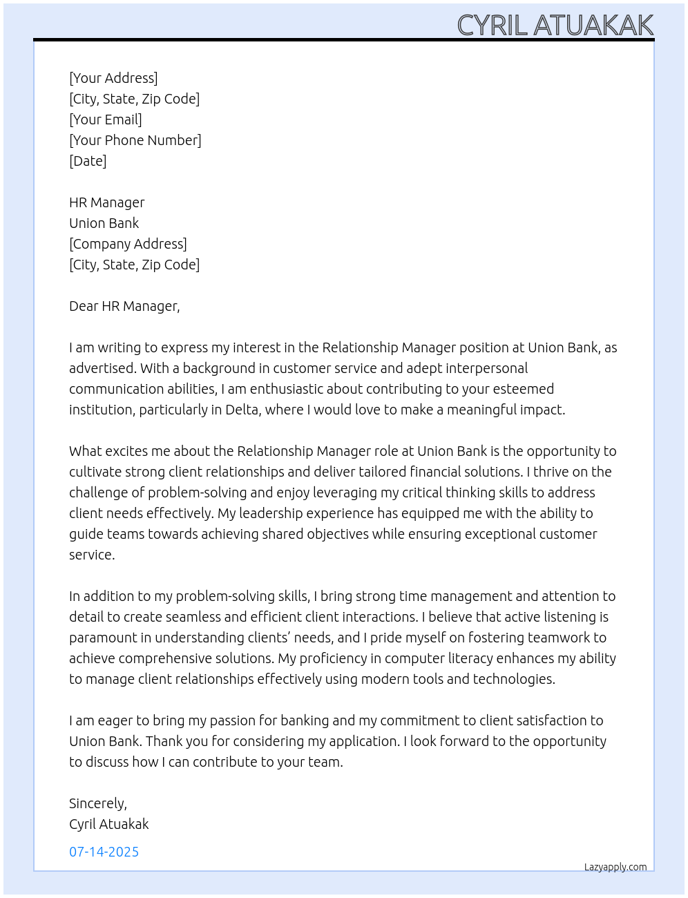 Relationship Manager At Union Bank Cover Letter