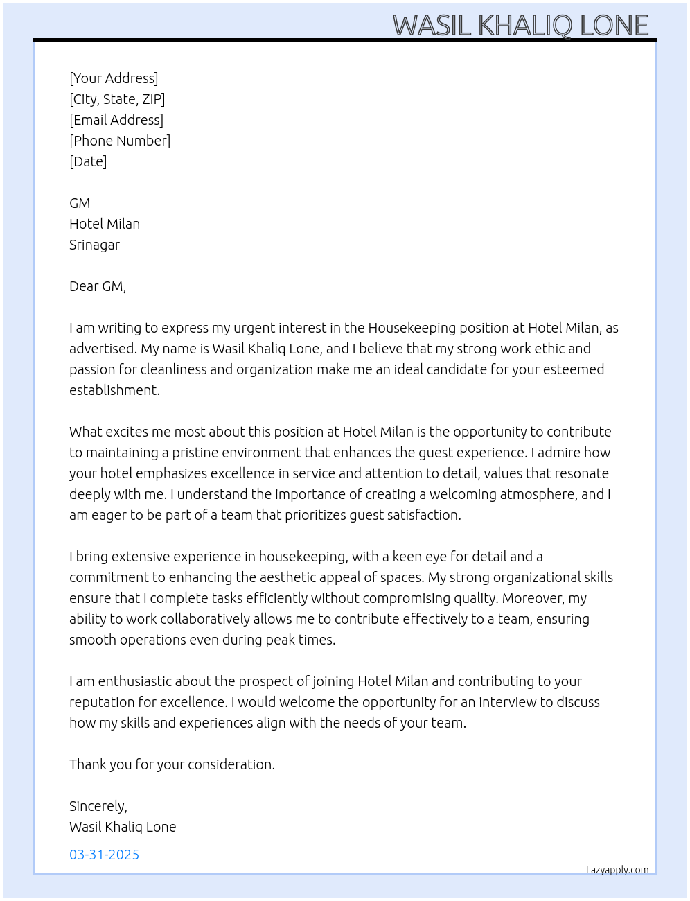 Housekeeping At Hotel milan srinagar Cover Letter