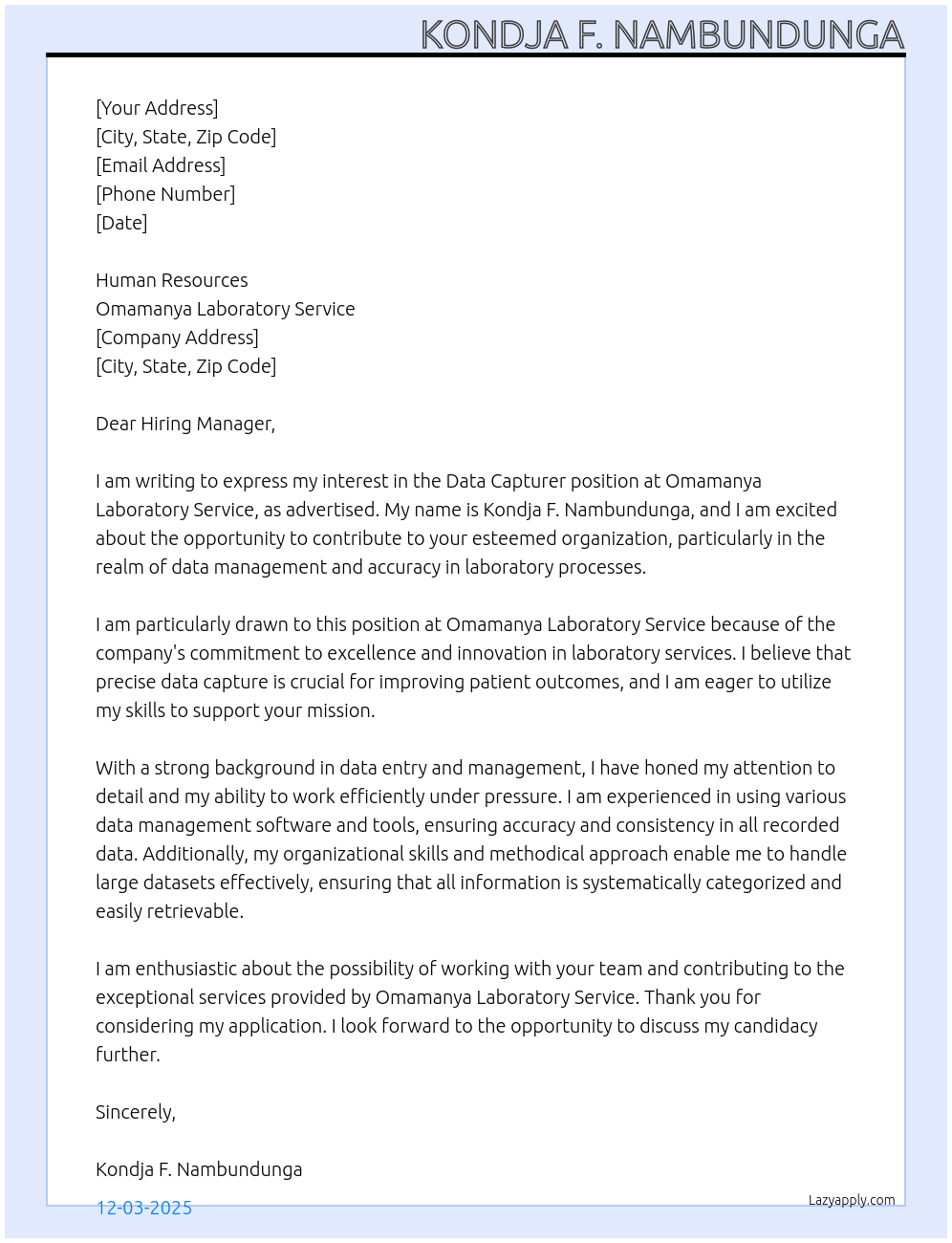 Cover letter for data capturer - LazyApply