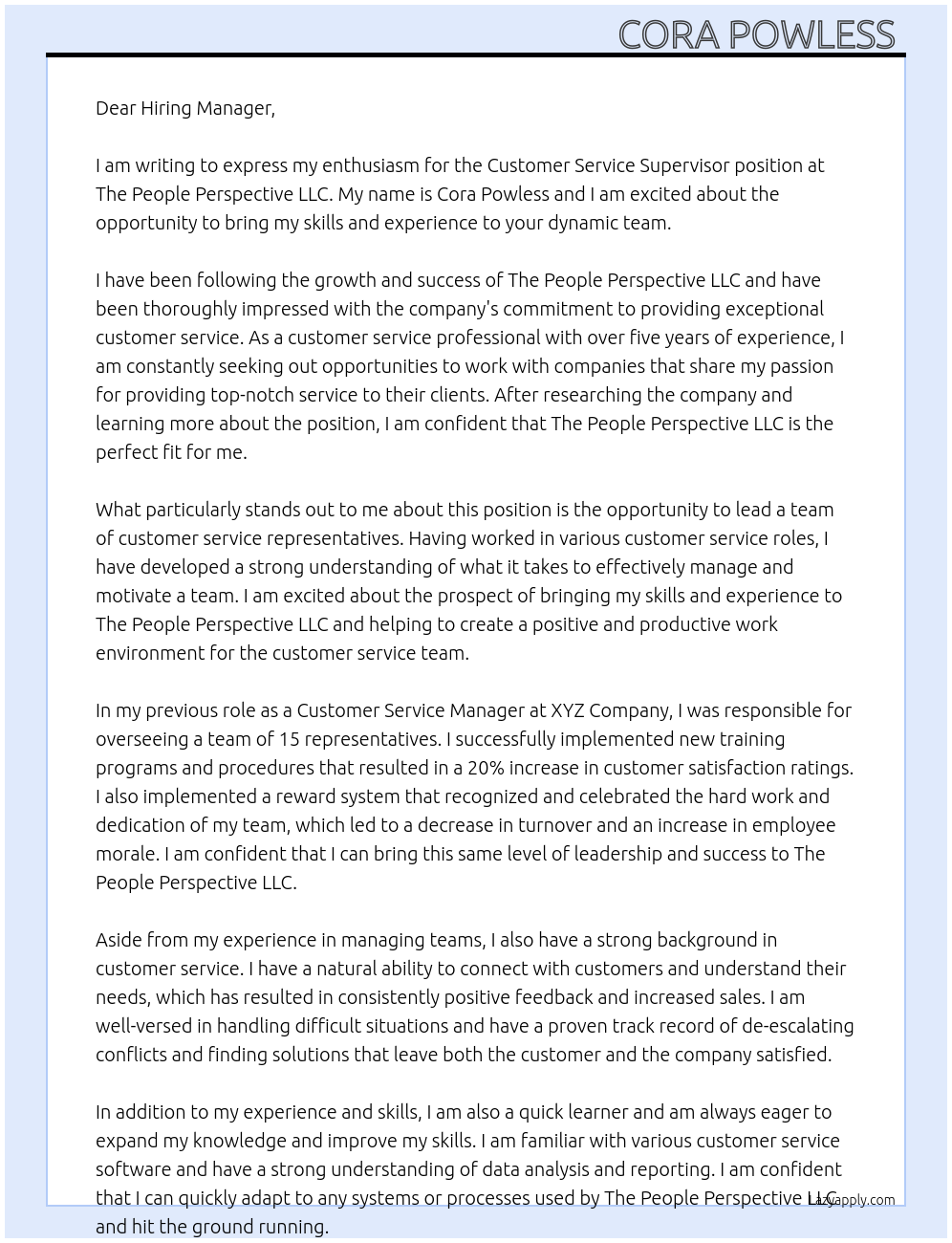 Customer Service Supervisor At The People Perspective LLC Cover Letter