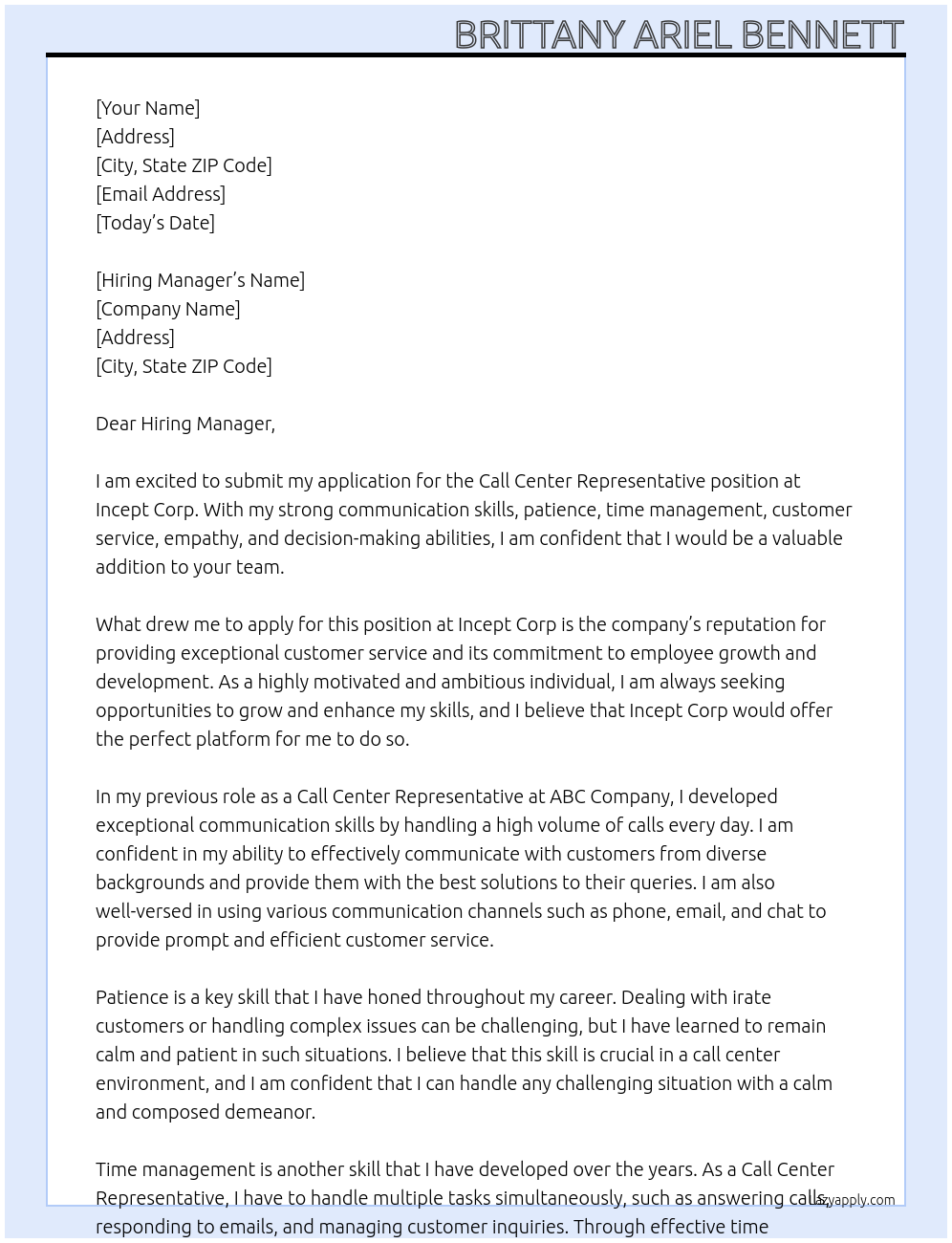 Call Center Representative At Incept Corp Cover Letter