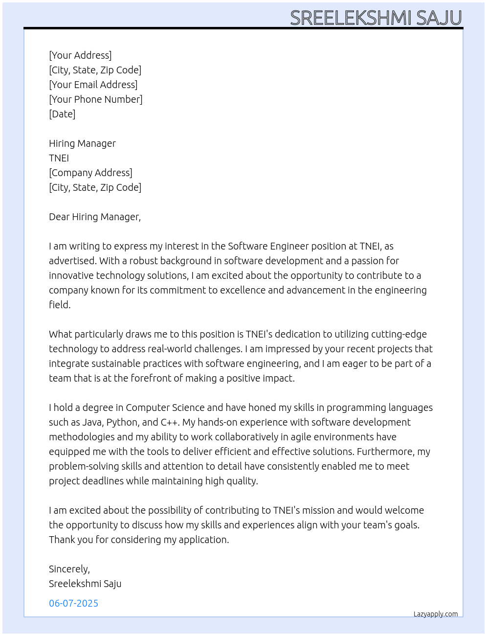 Software Engineer At TNEI Cover Letter
