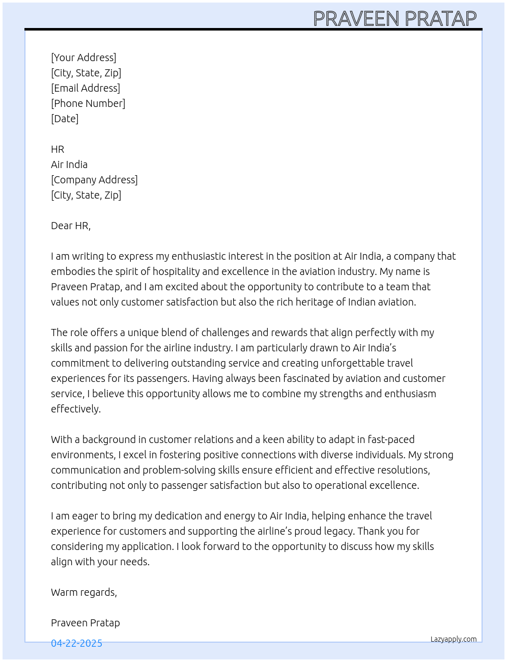 Airlines  At Air india  Cover Letter