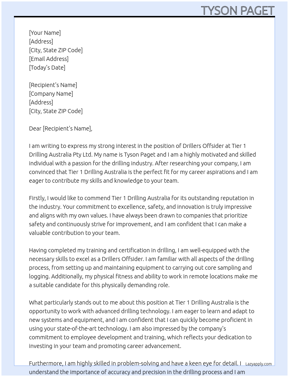 drillers offsider At Tier 1 Drilling Australia Pty Ltd Cover Letter