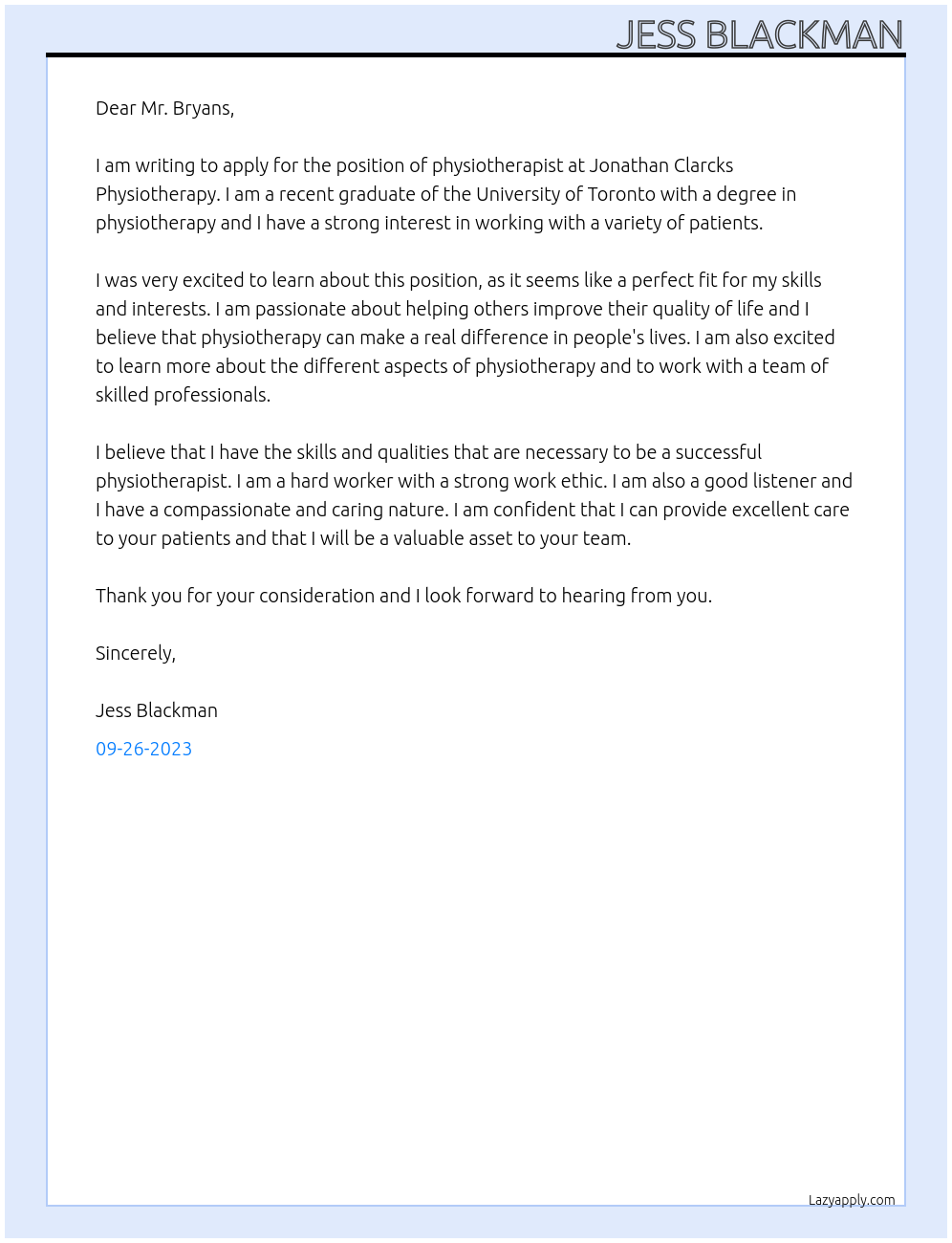 Physiotherapy  At Jonathan Clarcks Physiotherapy Cover Letter