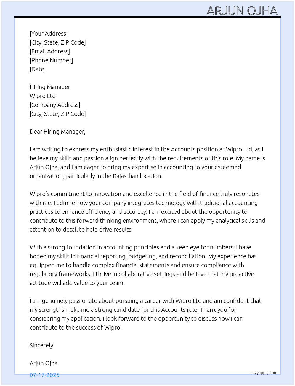 Accounts At Wipro ltd Cover Letter