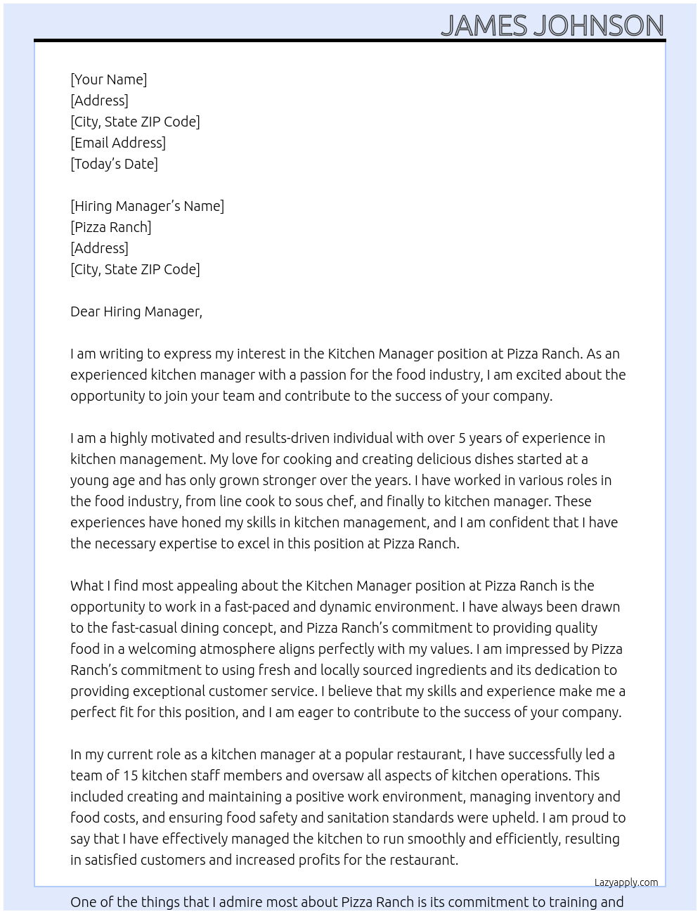 Kitchen manager At Pizza ranch Cover Letter