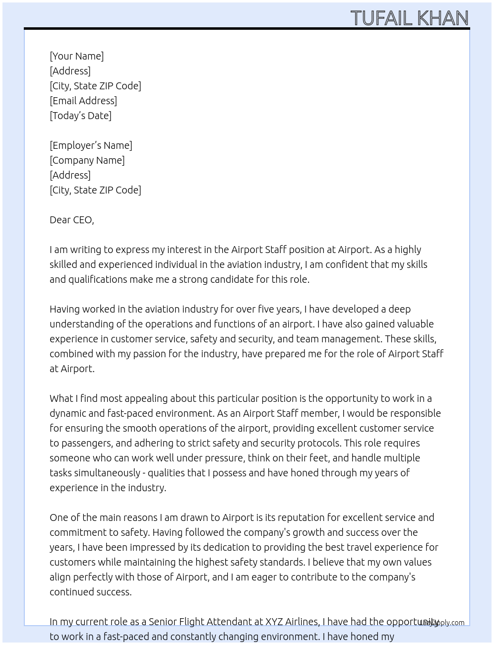 Airport staff  At Airport  Cover Letter