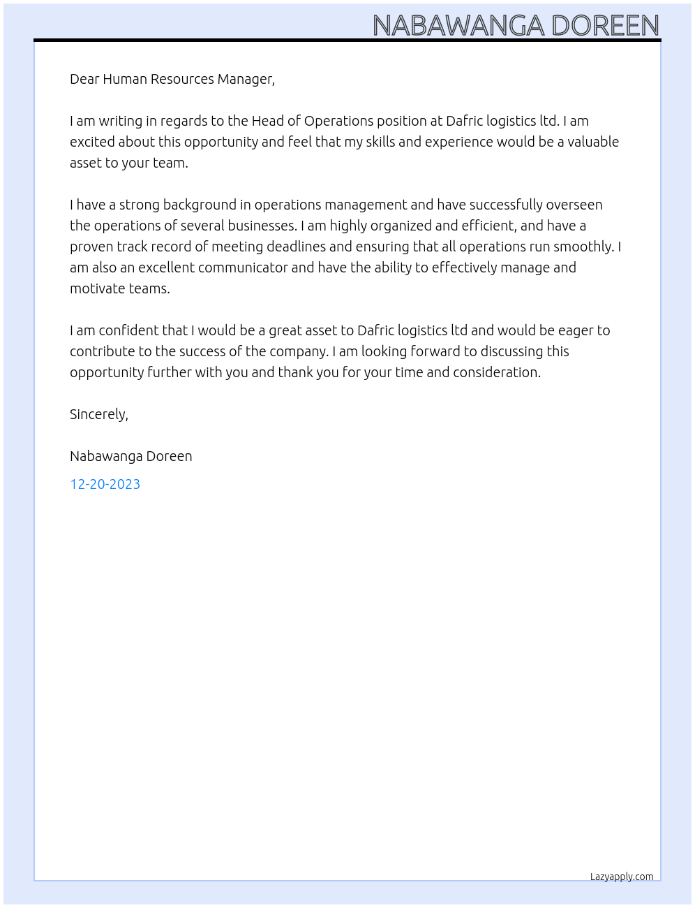 Head of operations At Dafric logistics ltd Cover Letter