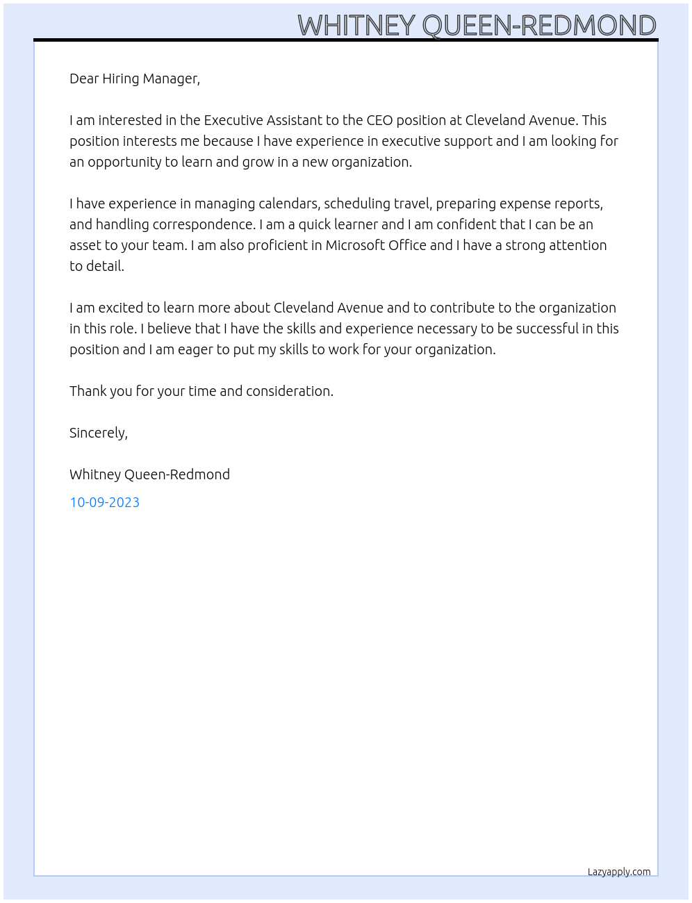 Executive Assistant to the CEO At Cleveland Avenue Cover Letter