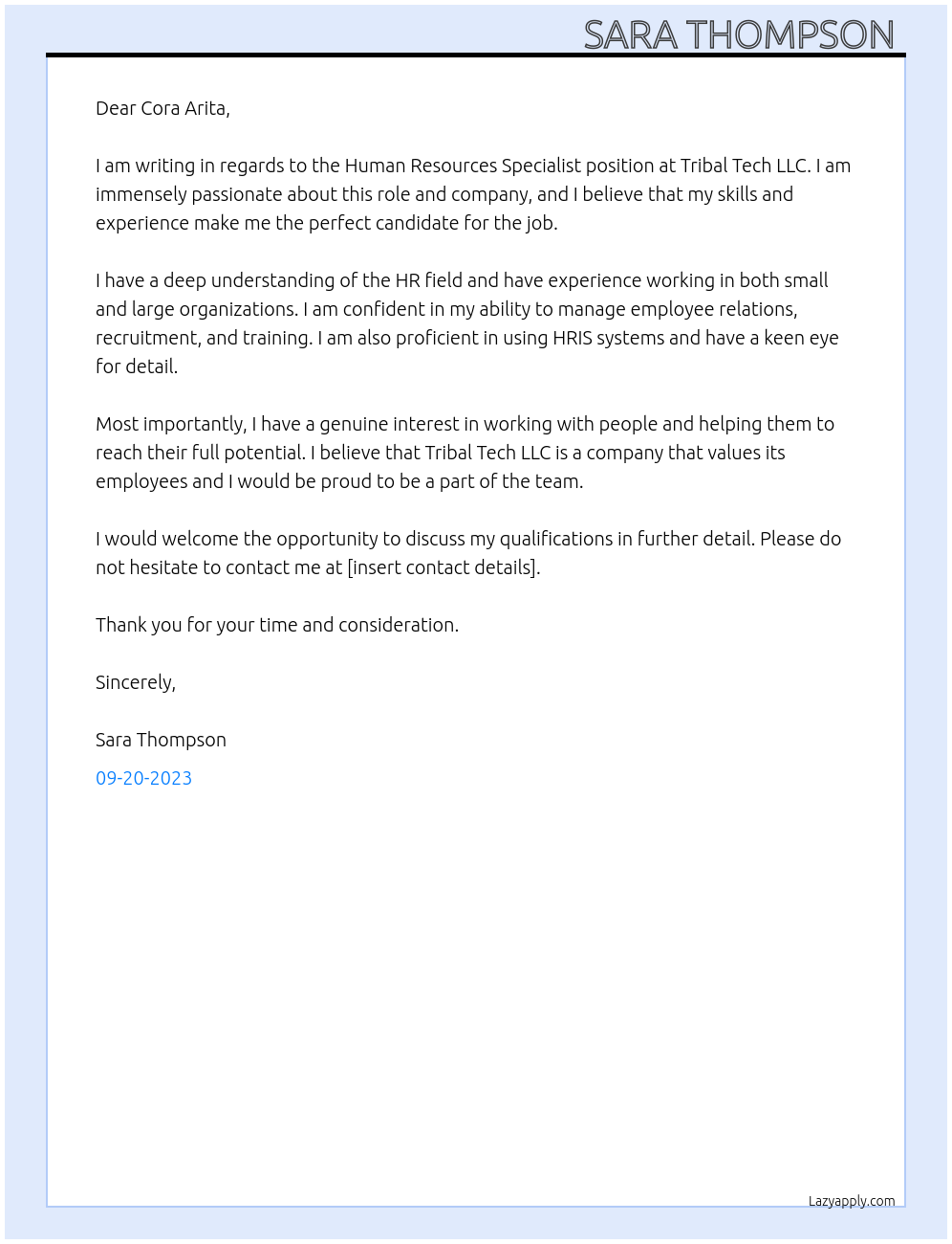Human Resources Specialist At Tribal Tech LLC Cover Letter
