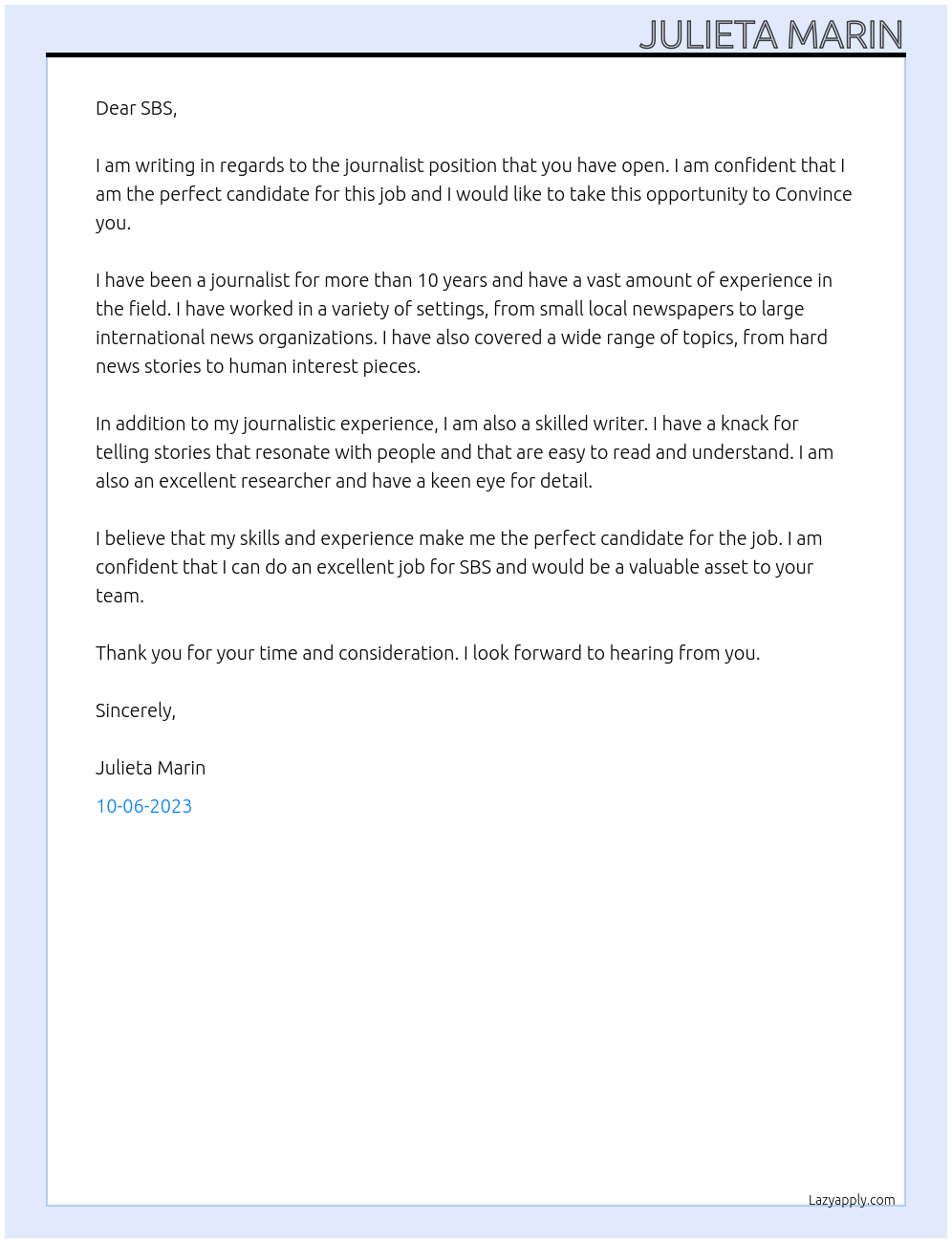 journalist At SBS Cover Letter