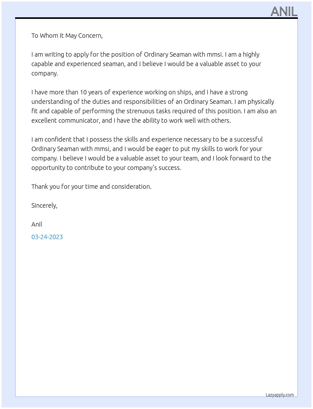 ordinary seaman At mmsi Cover Letter