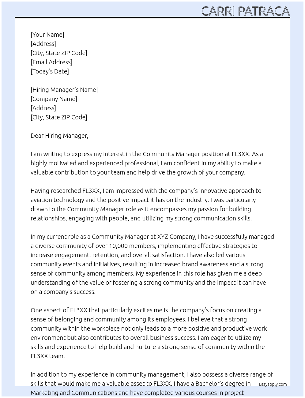 Community manager At FL3XX Cover Letter