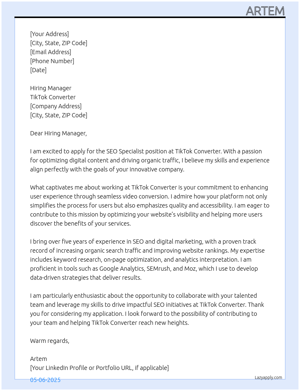 Cover letter for seo specialist - LazyApply