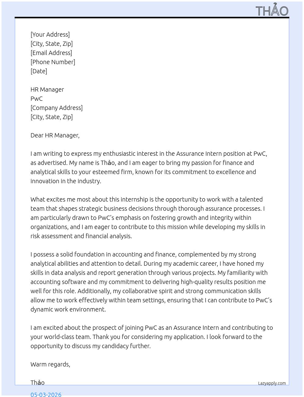 Assurance intern At PwC Cover Letter