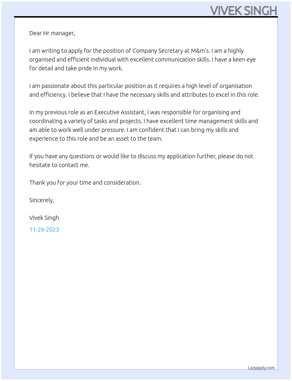 COMPANY SECRETARY At M&m's Cover Letter