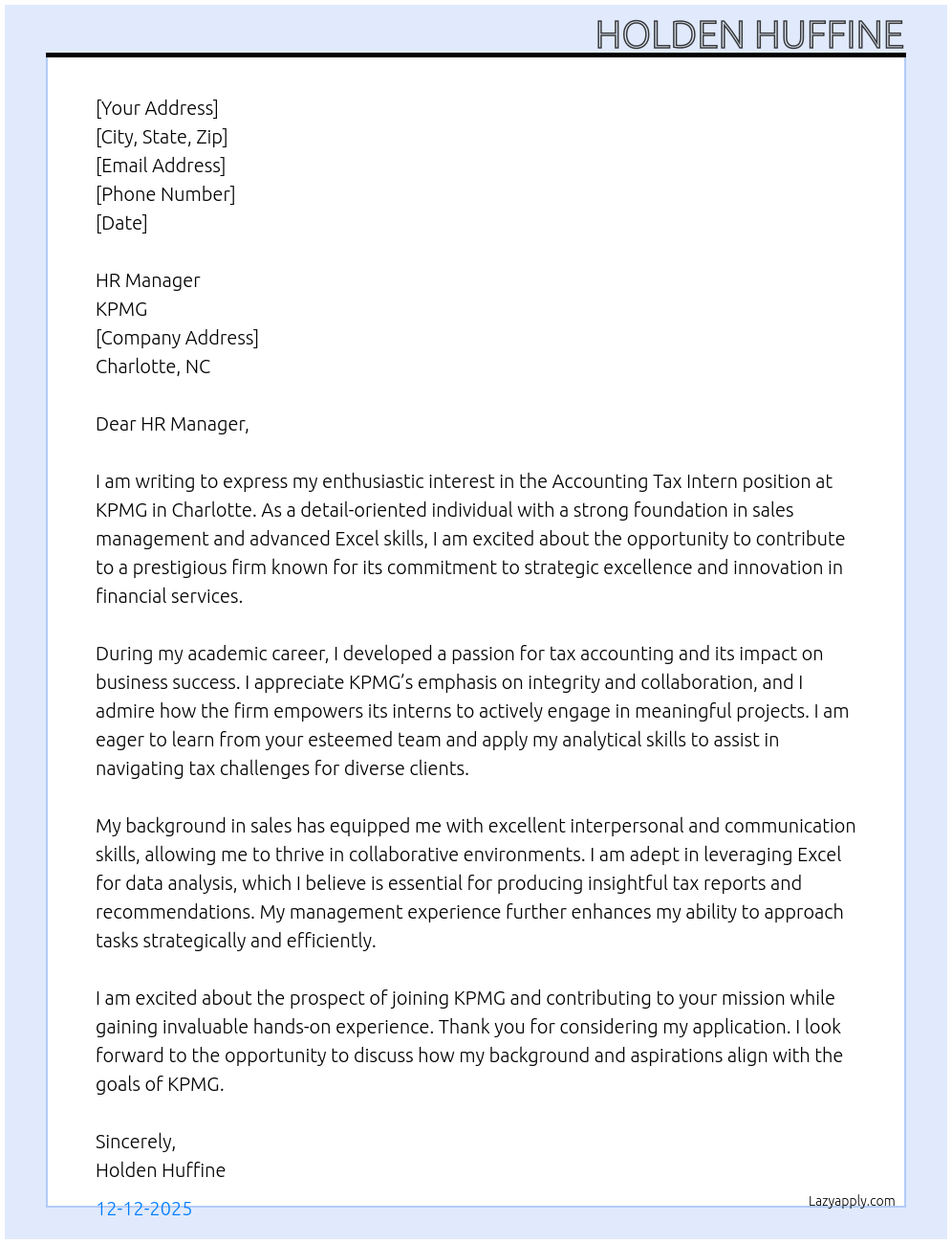 Accounting tax intern At KPMg Cover Letter