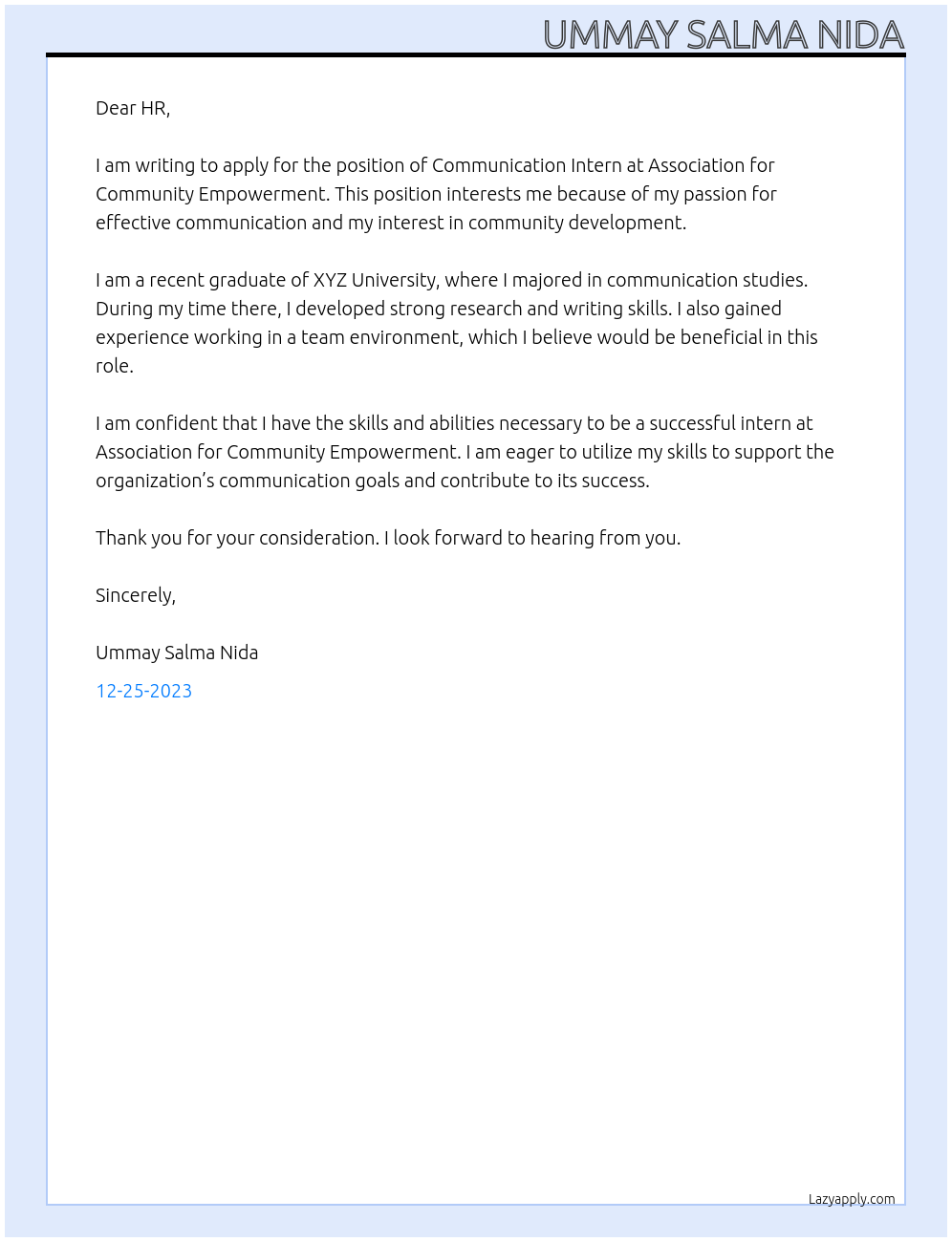 Communication Intern At Association for Community Empowerment Cover Letter