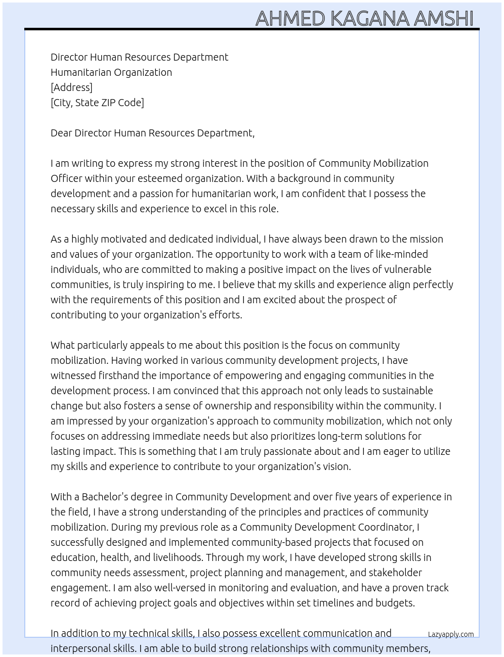 Community mobilization officer  At Humanitarian organization  Cover Letter