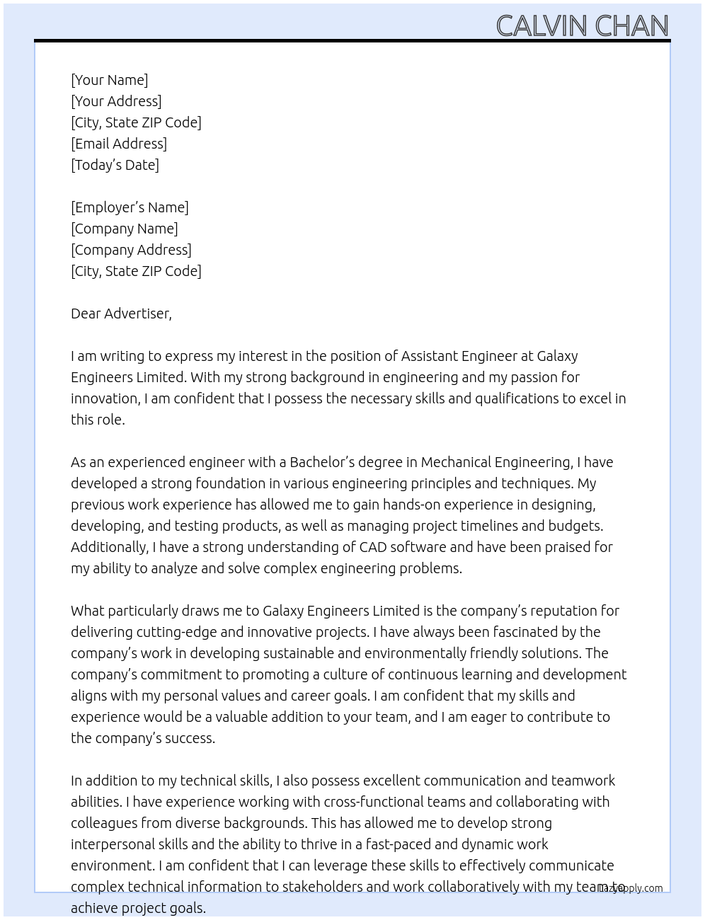 Assistant Engineer At Galaxy Engineers Limited Cover Letter
