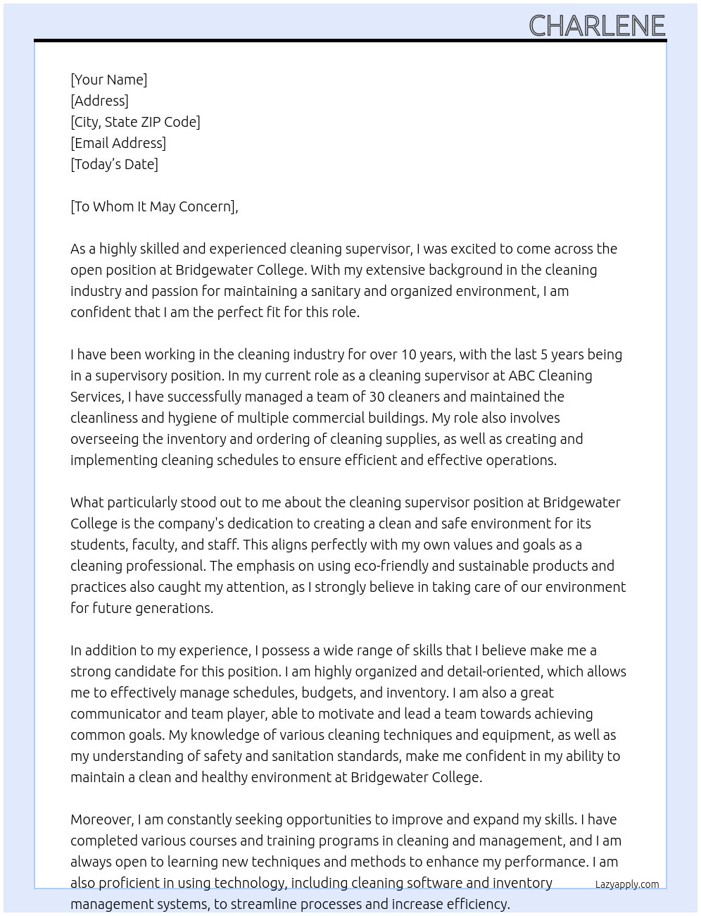 Cleaning supervisor  At Bridgewater college  Cover Letter