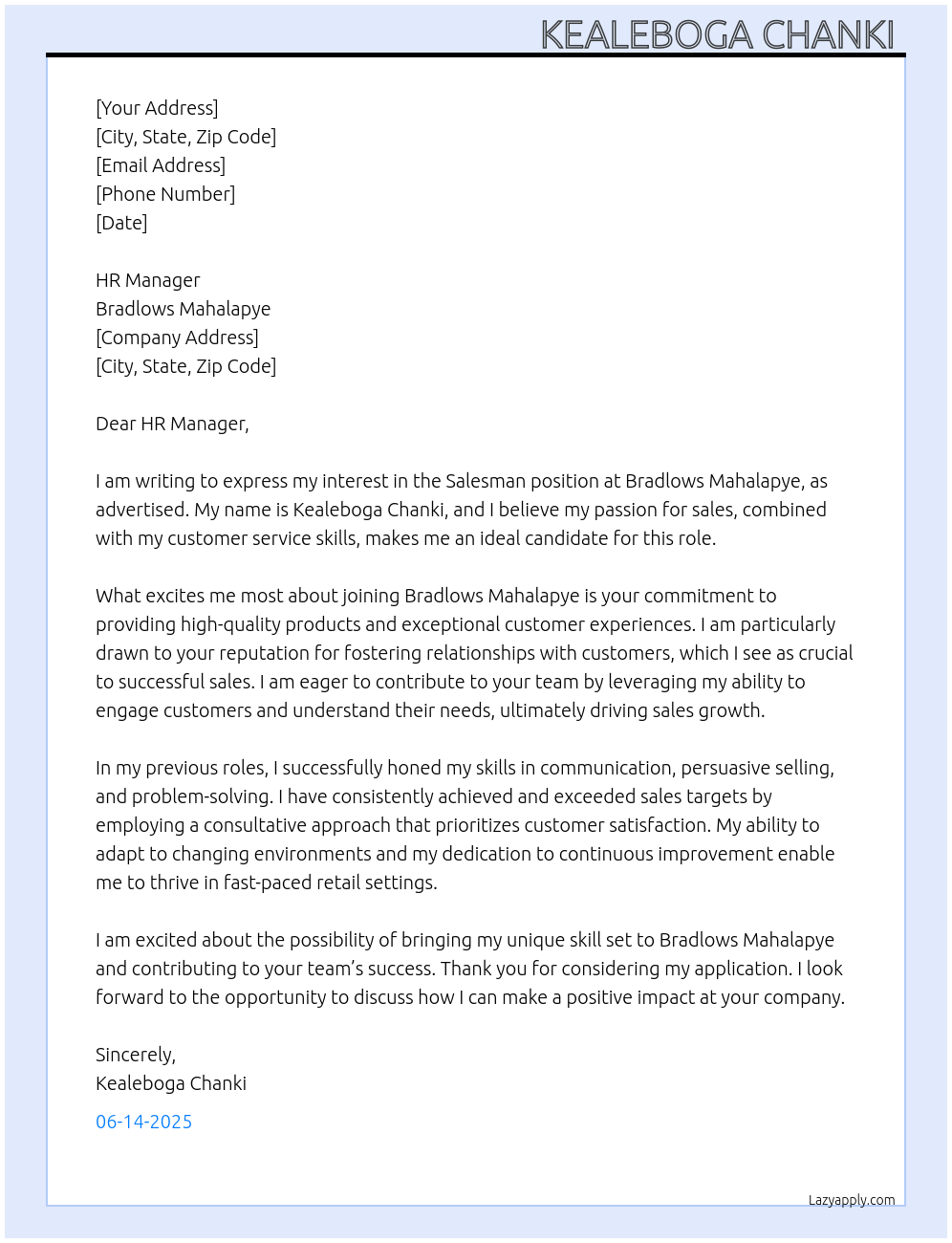 Salesman At Bradlows Mahalapye Cover Letter