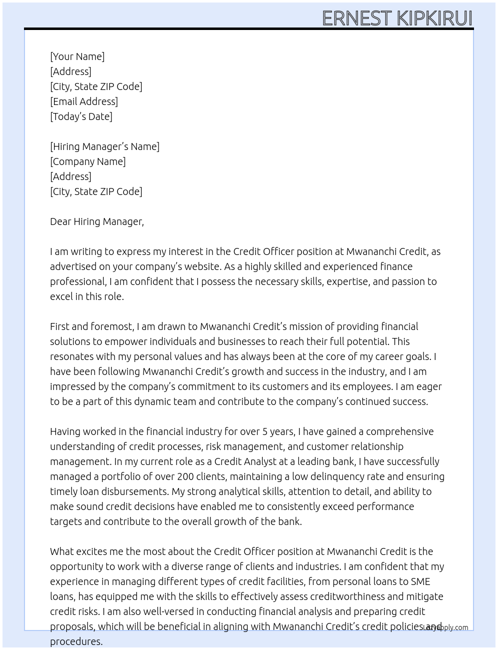 credit Officer At Mwananchi Credit Cover Letter